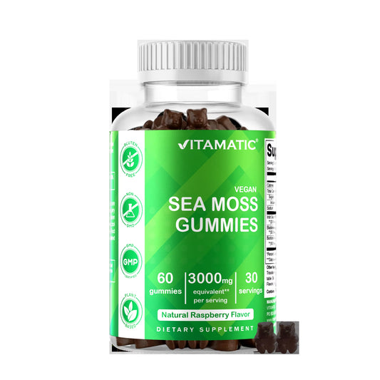 Irish Sea Moss Gummies - 3000 Mg - 60 Vegan Gummies - Made with Bladderwrack & Burdock Root - Seamoss Supplement for Thyroid, Energy, Immune Support